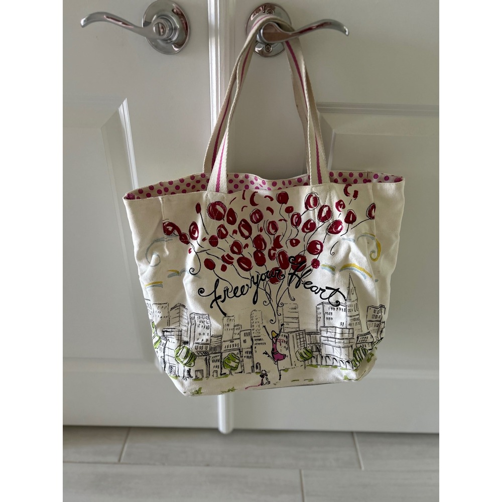 Brighton Free Your Heart Canvas Tote Bag Cream Pink City Balloon Illustration